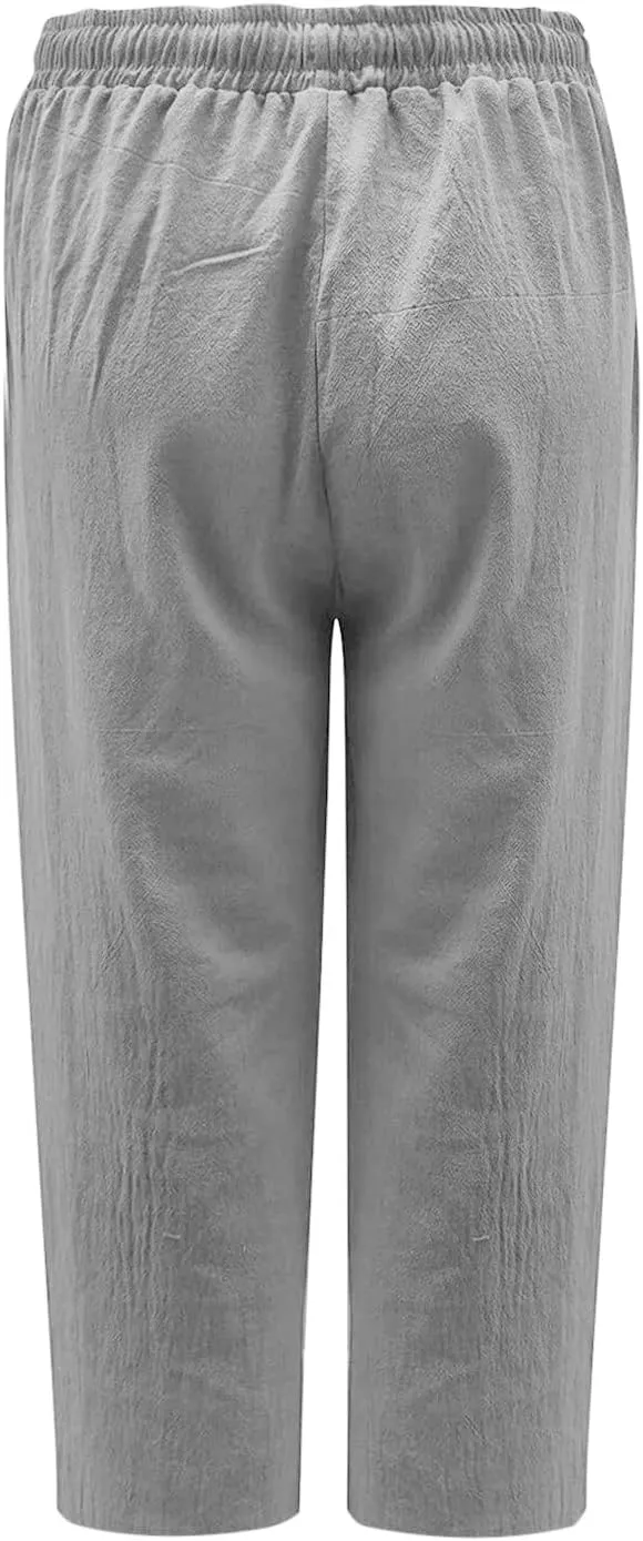 Women's Linen Capri Pants High Waisted Drawstring Wide Leg Trousers Summer Beach Casual Baggy Pants with Pockets