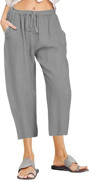 Women's Linen Capri Pants High Waisted Drawstring Wide Leg Trousers Summer Beach Casual Baggy Pants with Pockets