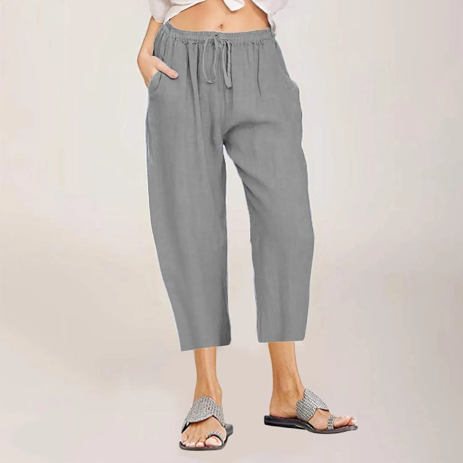 Women's Linen Capri Pants High Waisted Drawstring Wide Leg Trousers Summer Beach Casual Baggy Pants with Pockets