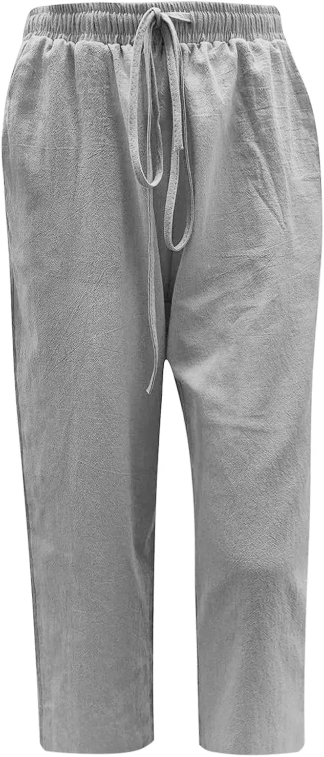 Women's Linen Capri Pants High Waisted Drawstring Wide Leg Trousers Summer Beach Casual Baggy Pants with Pockets