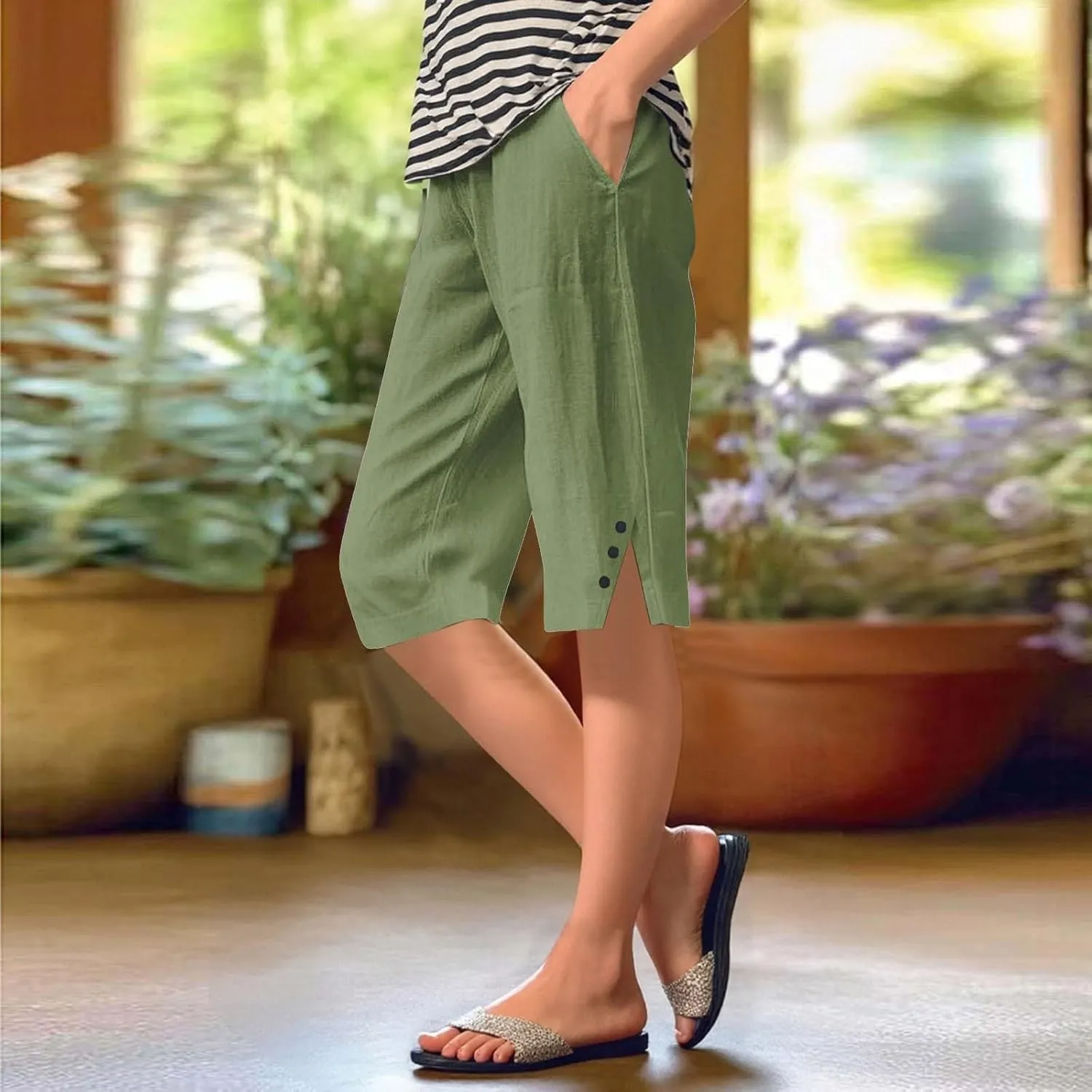 Women's Linen Capri Pants Knee Length Slit Button Casual Beach Shorts Summer Straight Leg Trousers with Pockets