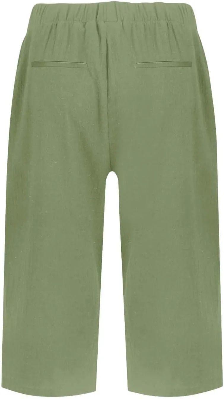 Women's Linen Capri Pants Knee Length Slit Button Casual Beach Shorts Summer Straight Leg Trousers with Pockets