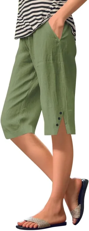 Women's Linen Capri Pants Knee Length Slit Button Casual Beach Shorts Summer Straight Leg Trousers with Pockets