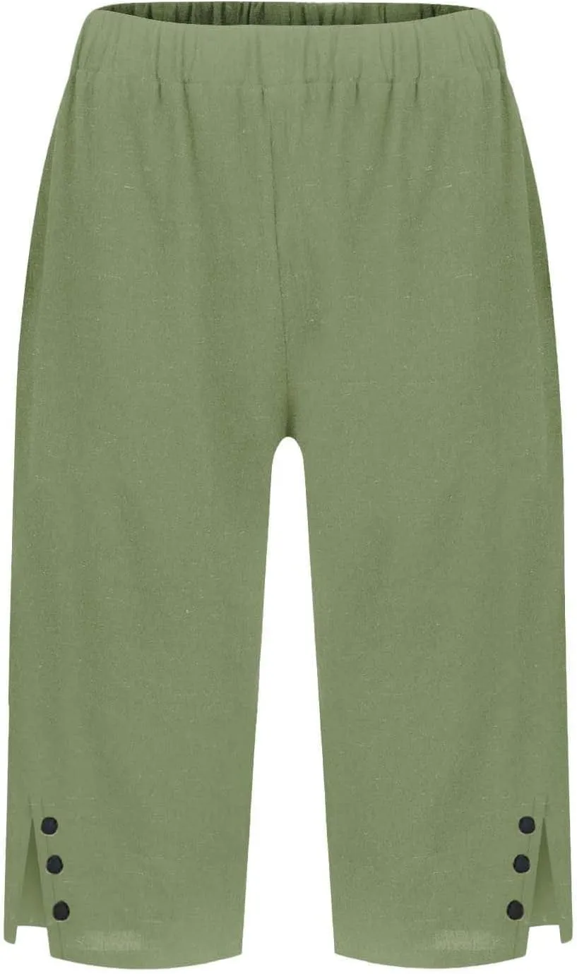 Women's Linen Capri Pants Knee Length Slit Button Casual Beach Shorts Summer Straight Leg Trousers with Pockets