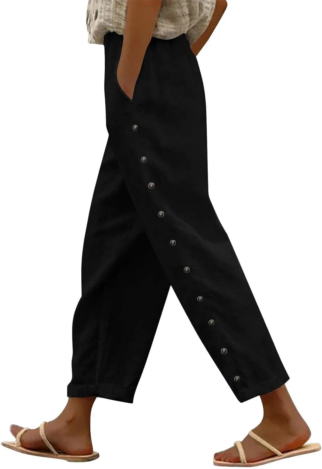 Women's Linen Casual Pants Striped Side Button Elastic Waist Trendy Pants Straight Leg Baggy Trousers with Pockets