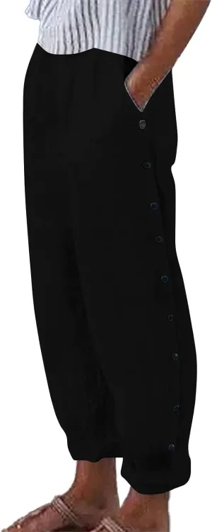 Women's Linen Casual Pants Striped Side Button Elastic Waist Trendy Pants Straight Leg Baggy Trousers with Pockets