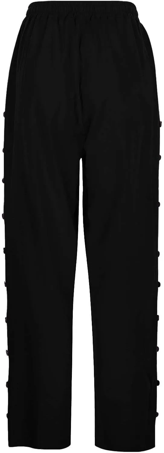Women's Linen Casual Pants Striped Side Button Elastic Waist Trendy Pants Straight Leg Baggy Trousers with Pockets
