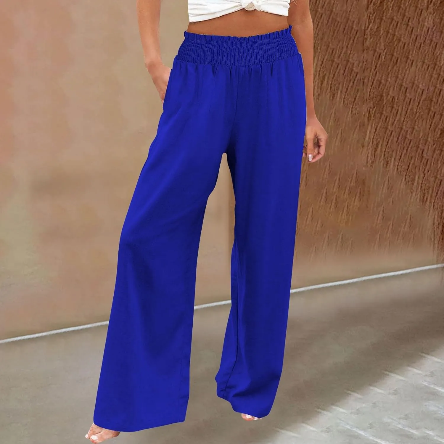 Womens Linen Pants 2025 Summer Casual Loose Wide Leg Palazzo Pants High Waist Flowy Beach Trousers Outfits