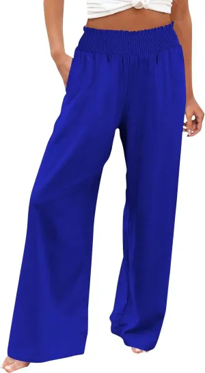 Womens Linen Pants 2025 Summer Casual Loose Wide Leg Palazzo Pants High Waist Flowy Beach Trousers Outfits