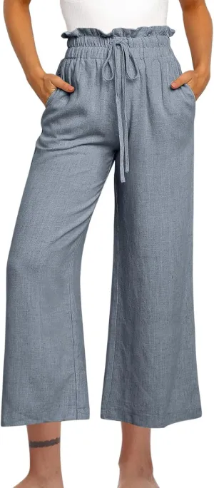 Womens Linen Pants 2025 Summer Casual Loose Wide Leg Pants Spring High Waist Solid Trousers Outfits with Pockets