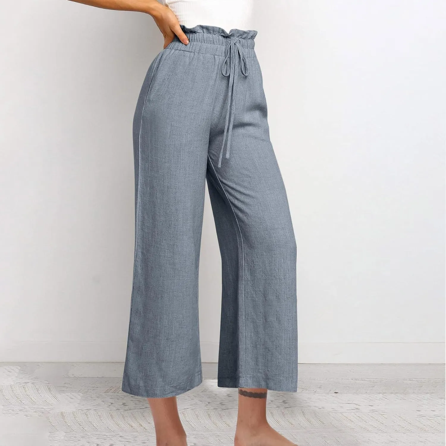 Womens Linen Pants 2025 Summer Casual Loose Wide Leg Pants Spring High Waist Solid Trousers Outfits with Pockets