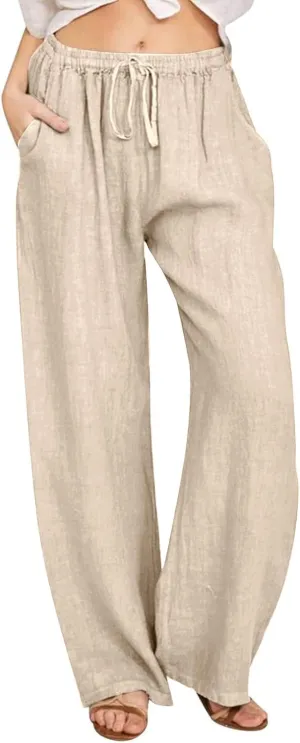 Womens Linen Pants Casual 2025 Summer High Waisted Drawstring Lounge Trouser Beach Straight Wide Leg Palazzo Jogger