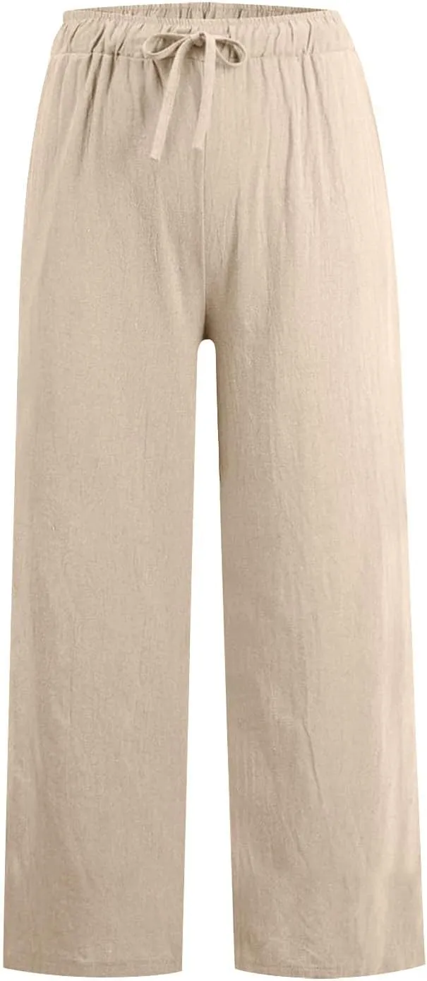 Womens Linen Pants Casual 2025 Summer High Waisted Drawstring Lounge Trouser Beach Straight Wide Leg Palazzo Jogger