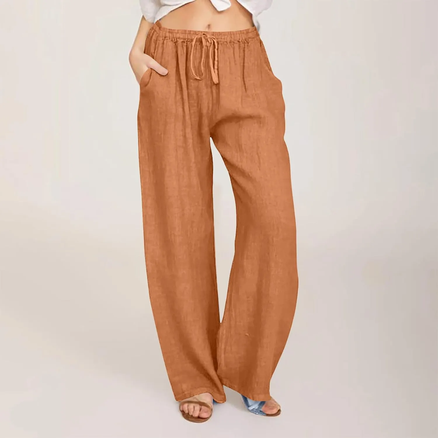 Womens Linen Pants Casual Wide Leg Drawstring Boho Pant High Waisted Summer Beach Trousers Loose Fit Lounge Palazzo