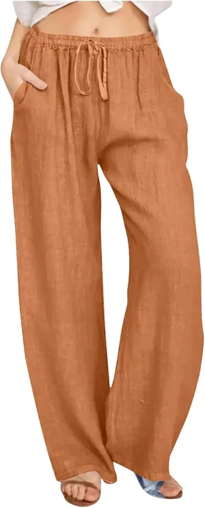 Womens Linen Pants Casual Wide Leg Drawstring Boho Pant High Waisted Summer Beach Trousers Loose Fit Lounge Palazzo