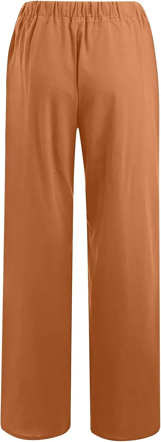 Womens Linen Pants Casual Wide Leg Drawstring Boho Pant High Waisted Summer Beach Trousers Loose Fit Lounge Palazzo