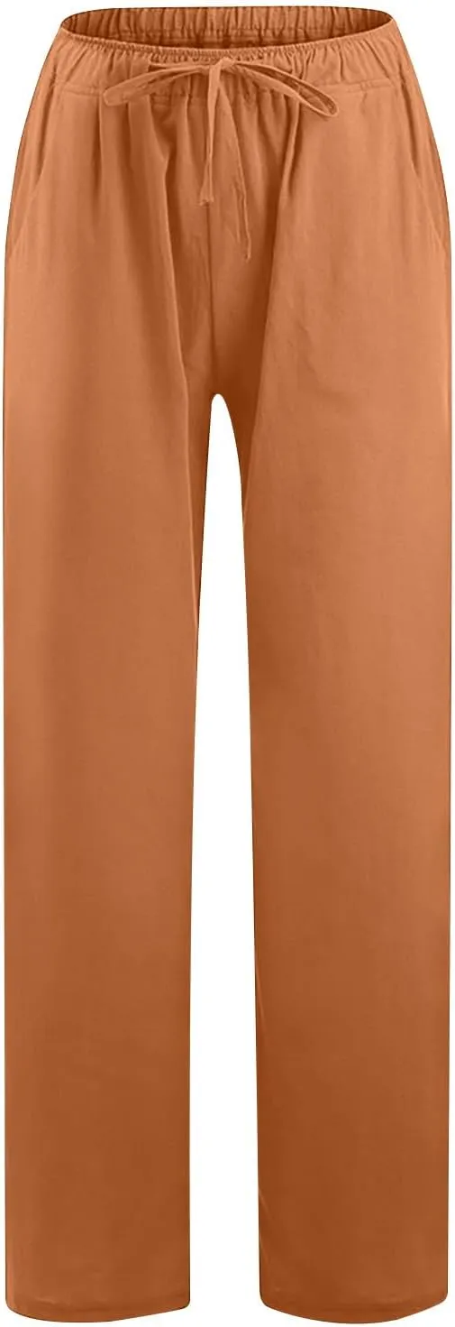 Womens Linen Pants Casual Wide Leg Drawstring Boho Pant High Waisted Summer Beach Trousers Loose Fit Lounge Palazzo