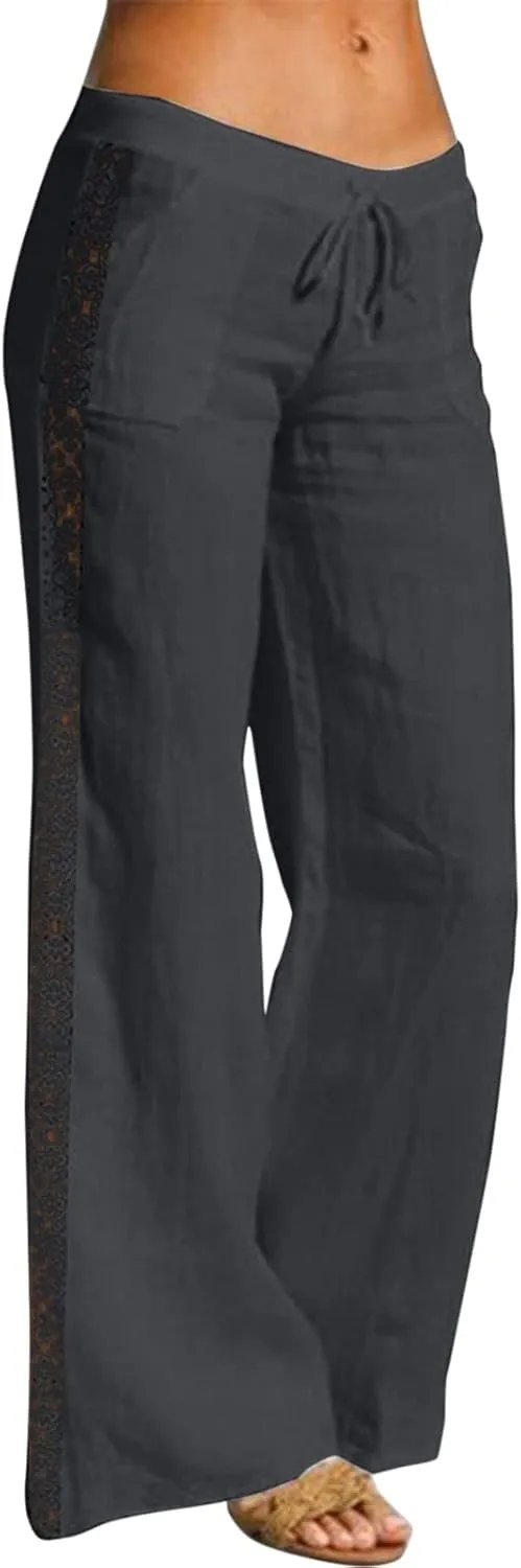 Women's Linen Pants Drawstring Elastic Waist Lightweight Pant Summer Loose Fit Beach Trousers with Pockets