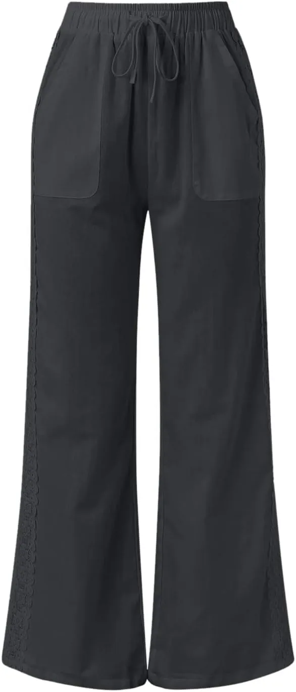 Women's Linen Pants Drawstring Elastic Waist Lightweight Pant Summer Loose Fit Beach Trousers with Pockets