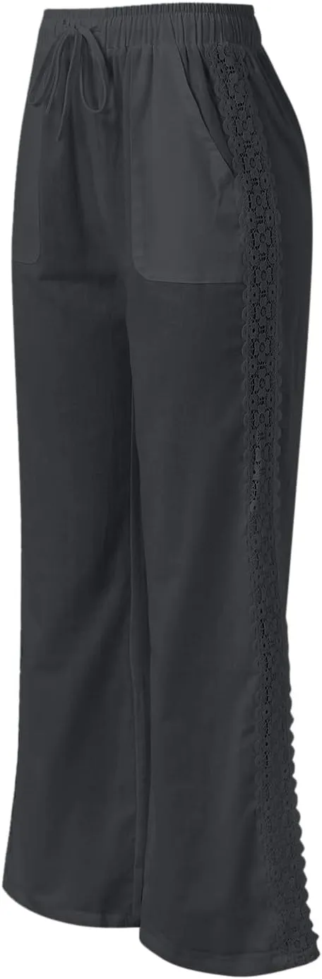 Women's Linen Pants Drawstring Elastic Waist Lightweight Pant Summer Loose Fit Beach Trousers with Pockets
