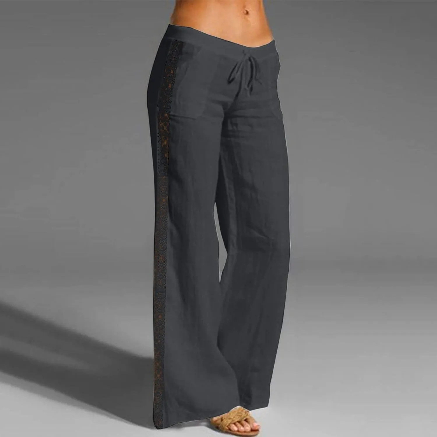 Women's Linen Pants Drawstring Elastic Waist Lightweight Pant Summer Loose Fit Beach Trousers with Pockets
