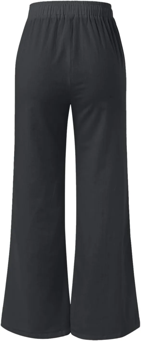 Women's Linen Pants Drawstring Elastic Waist Lightweight Pant Summer Loose Fit Beach Trousers with Pockets