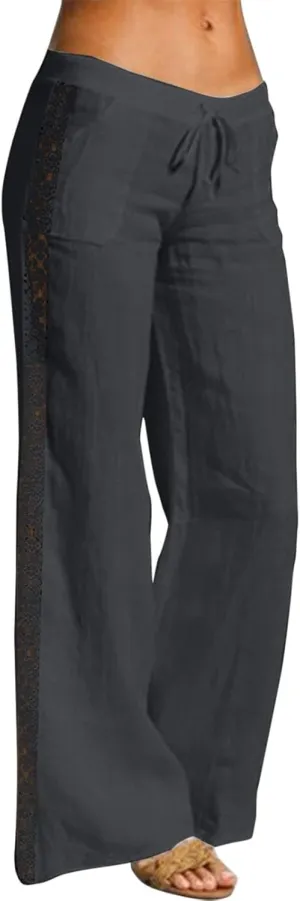 Women's Linen Pants Drawstring Elastic Waist Lightweight Pant Summer Loose Fit Beach Trousers with Pockets