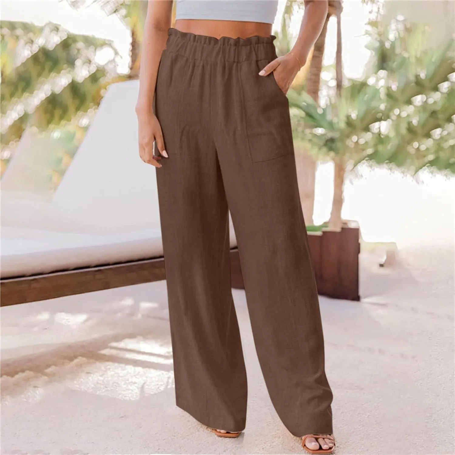 Womens Linen Pants Elastic High Waisted Wide Leg Palazzo Straight Leg Long Pants Summer Trousers with Pockets