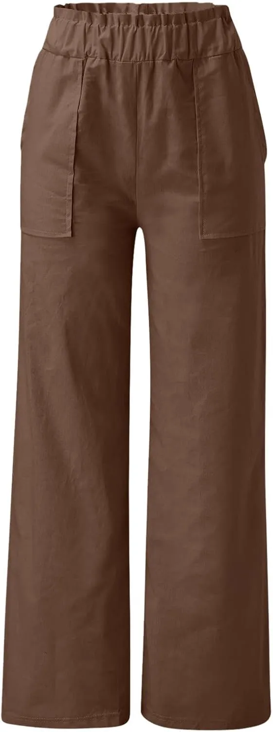 Womens Linen Pants Elastic High Waisted Wide Leg Palazzo Straight Leg Long Pants Summer Trousers with Pockets