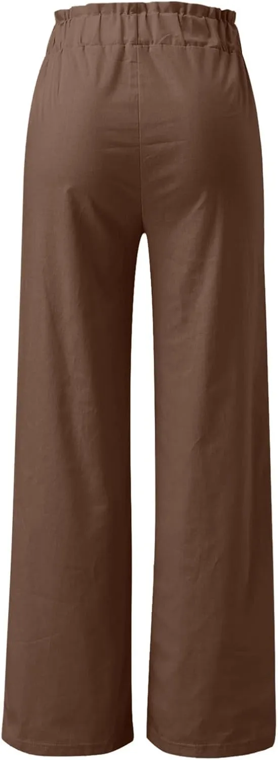 Womens Linen Pants Elastic High Waisted Wide Leg Palazzo Straight Leg Long Pants Summer Trousers with Pockets