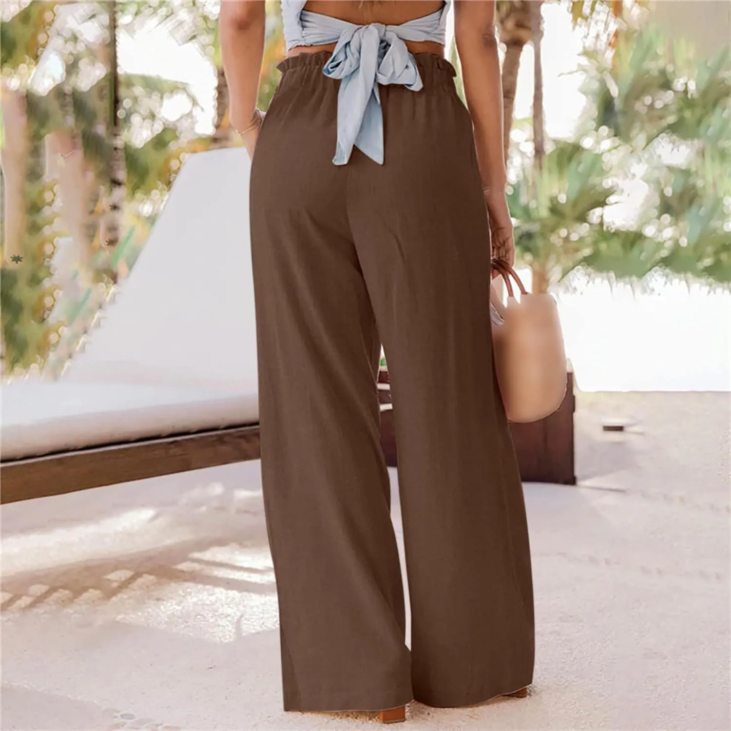 Womens Linen Pants Elastic High Waisted Wide Leg Palazzo Straight Leg Long Pants Summer Trousers with Pockets