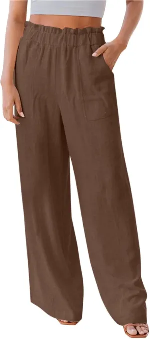 Womens Linen Pants Elastic High Waisted Wide Leg Palazzo Straight Leg Long Pants Summer Trousers with Pockets