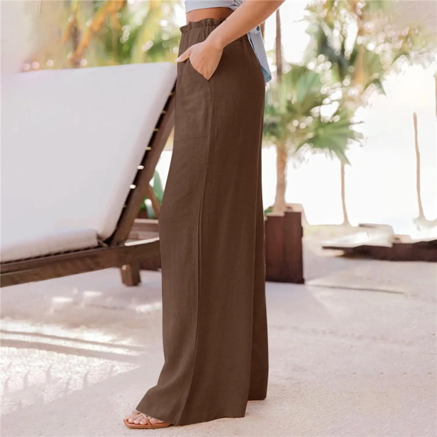 Womens Linen Pants Elastic High Waisted Wide Leg Palazzo Straight Leg Long Pants Summer Trousers with Pockets