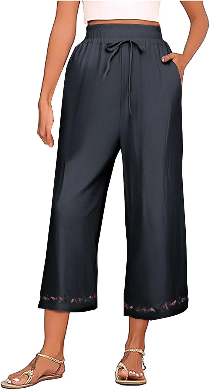 Womens Linen Pants High Waisted Wide Leg Pants Baggy Elastic Drawstring Casual Loose Palazzo Trousers with Pockets