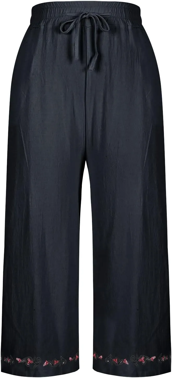 Womens Linen Pants High Waisted Wide Leg Pants Baggy Elastic Drawstring Casual Loose Palazzo Trousers with Pockets