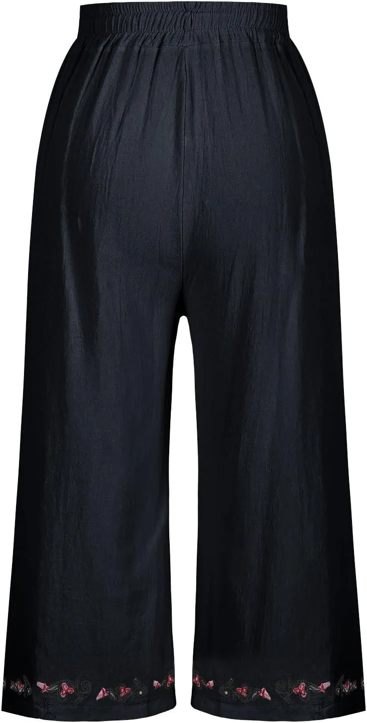 Womens Linen Pants High Waisted Wide Leg Pants Baggy Elastic Drawstring Casual Loose Palazzo Trousers with Pockets