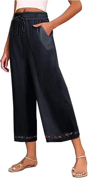 Womens Linen Pants High Waisted Wide Leg Pants Baggy Elastic Drawstring Casual Loose Palazzo Trousers with Pockets