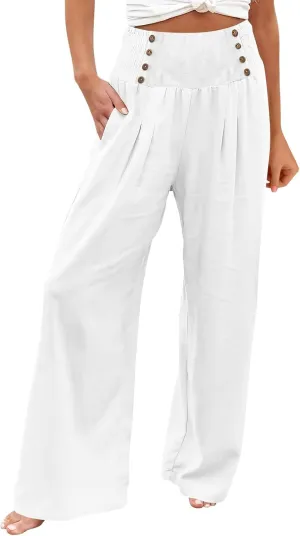 Womens Linen Pants Linen Wide Leg Pants for Women High Waist Stretch Dress Women's Cotton Linen Casual Beach Long Pants