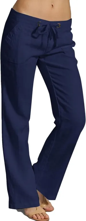 Womens Linen Pants Lounge Pant Floral Solid Palazzo Pants High Waist Wide Leg Trousers with Pockets Beach Outfits for Women