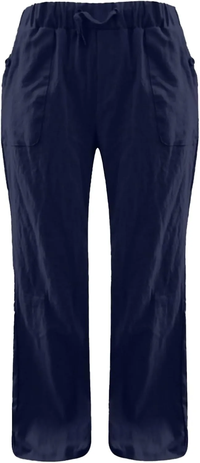 Womens Linen Pants Lounge Pant Floral Solid Palazzo Pants High Waist Wide Leg Trousers with Pockets Beach Outfits for Women