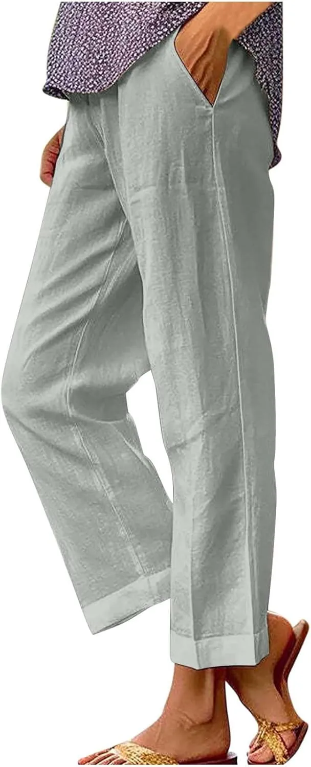Womens Linen Pants Palazzo Wide Leg Slacks Loose Comfy High Waisted Cotton Linen Pants 2025 Summer Casual Trousers