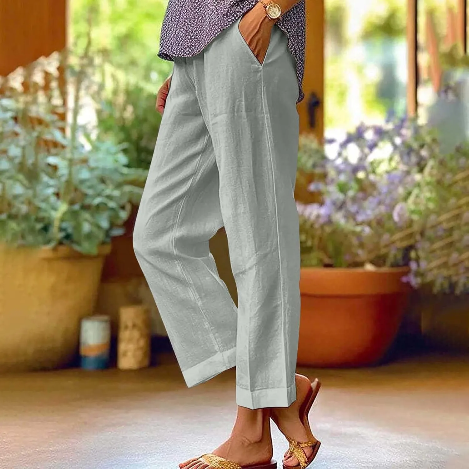 Womens Linen Pants Palazzo Wide Leg Slacks Loose Comfy High Waisted Cotton Linen Pants 2025 Summer Casual Trousers