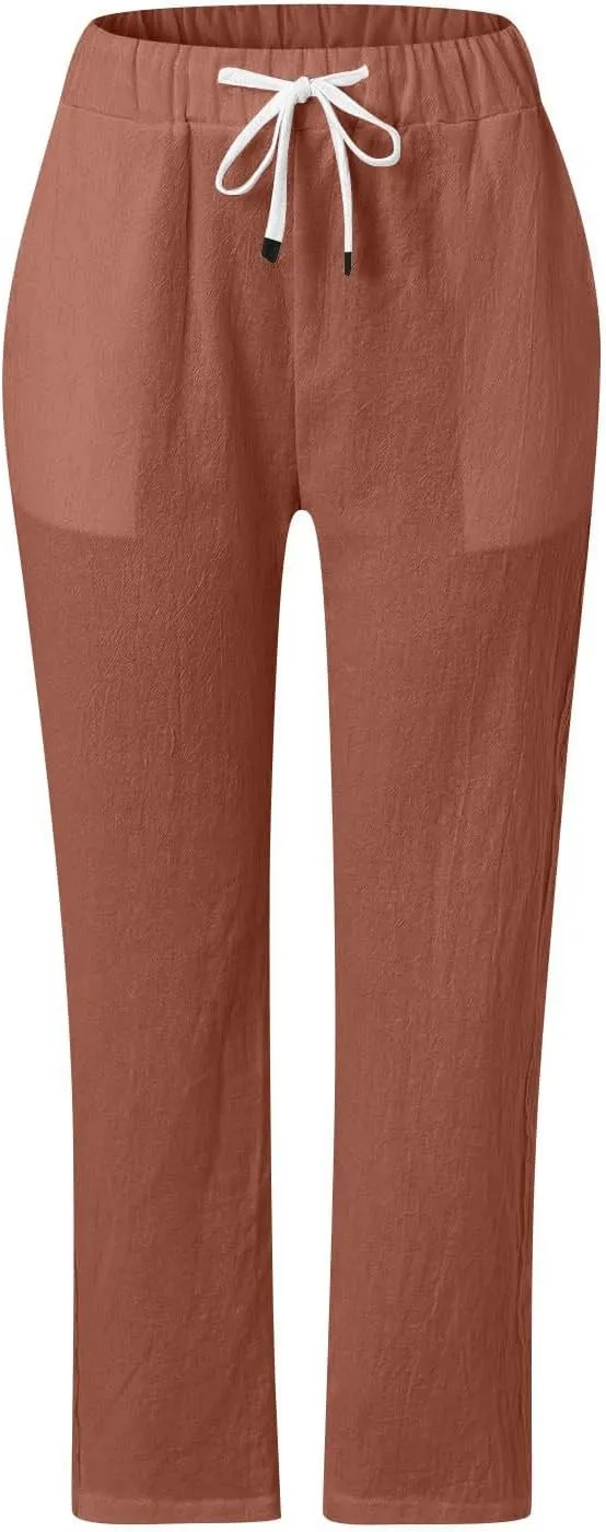 Womens Linen Pants Petite Length High Waisted Drawstring Summer Casual Beach Vacation Capri Pants with Pockets