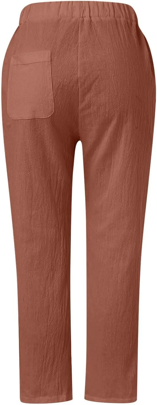 Womens Linen Pants Petite Length High Waisted Drawstring Summer Casual Beach Vacation Capri Pants with Pockets