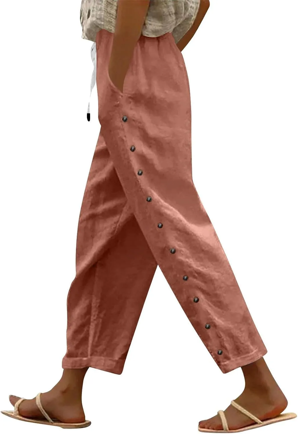 Womens Linen Pants Petite Length High Waisted Drawstring Summer Casual Beach Vacation Capri Pants with Pockets