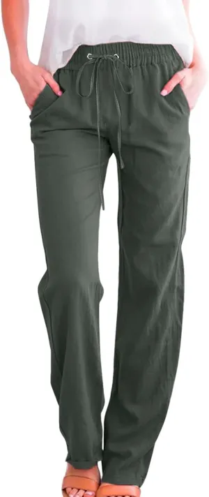 Women's Linen Pants Straight Leg Loose Trousers Drawstring Elastic High Waist Pants Comfy Palazzo Pants 2024, Medium