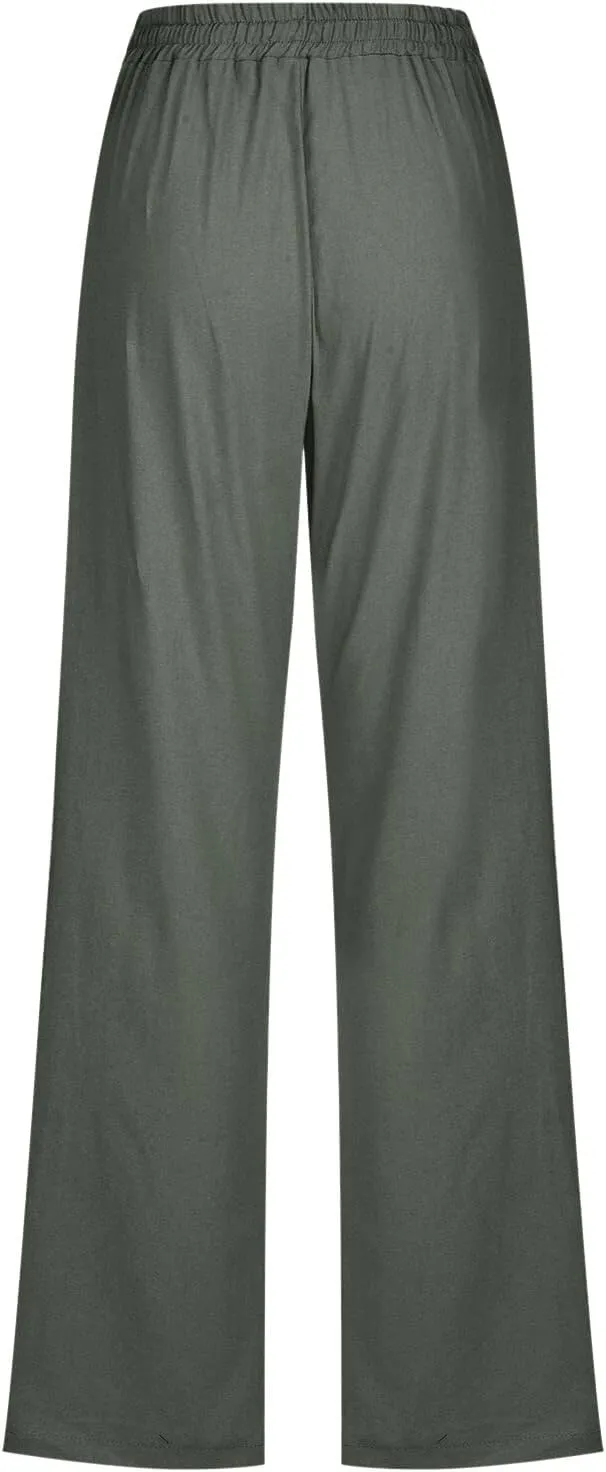 Women's Linen Pants Straight Leg Loose Trousers Drawstring Elastic High Waist Pants Comfy Palazzo Pants 2024, Medium
