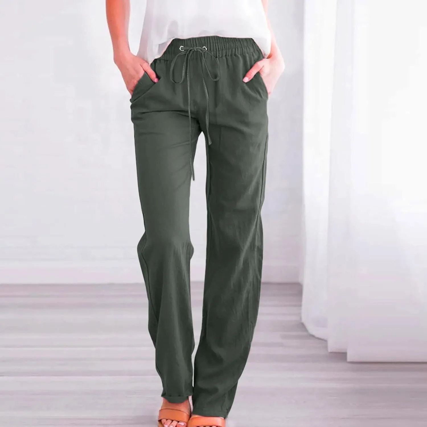 Women's Linen Pants Straight Leg Loose Trousers Drawstring Elastic High Waist Pants Comfy Palazzo Pants 2024, Medium