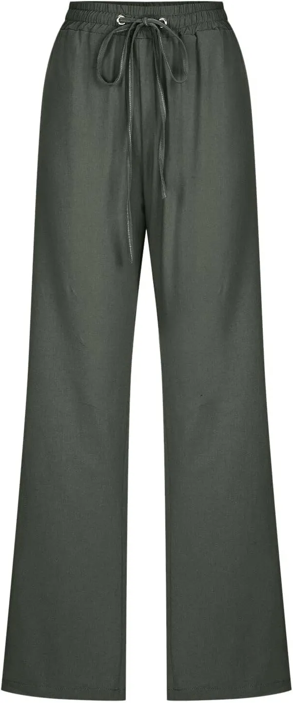 Women's Linen Pants Straight Leg Loose Trousers Drawstring Elastic High Waist Pants Comfy Palazzo Pants 2024, Medium