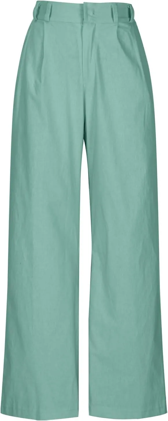 Women's Linen Pants Wide Leg Casual Summer Palazzo Pants Elastic Waist Dressy Lounge Work Trousers with Pockets